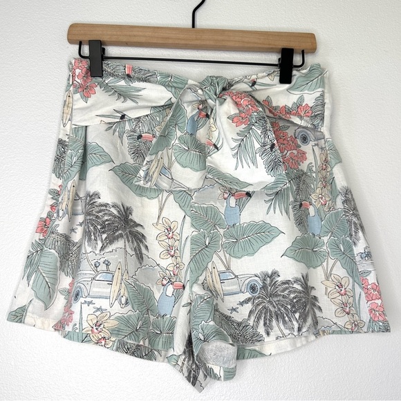 C&C California 100% Linen Shorts Size 6 Tropical Print Tie Front Coastal Boho - Picture 1 of 10
